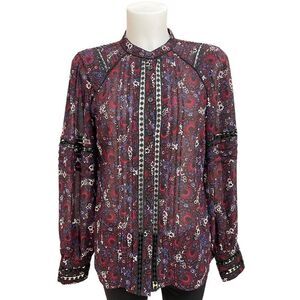 MICHAEL KORS BURGUNDY CHIFFON PAISLEY PRINT, BUTTON DOWN LONGSLEEVE‎ TOP SZ M